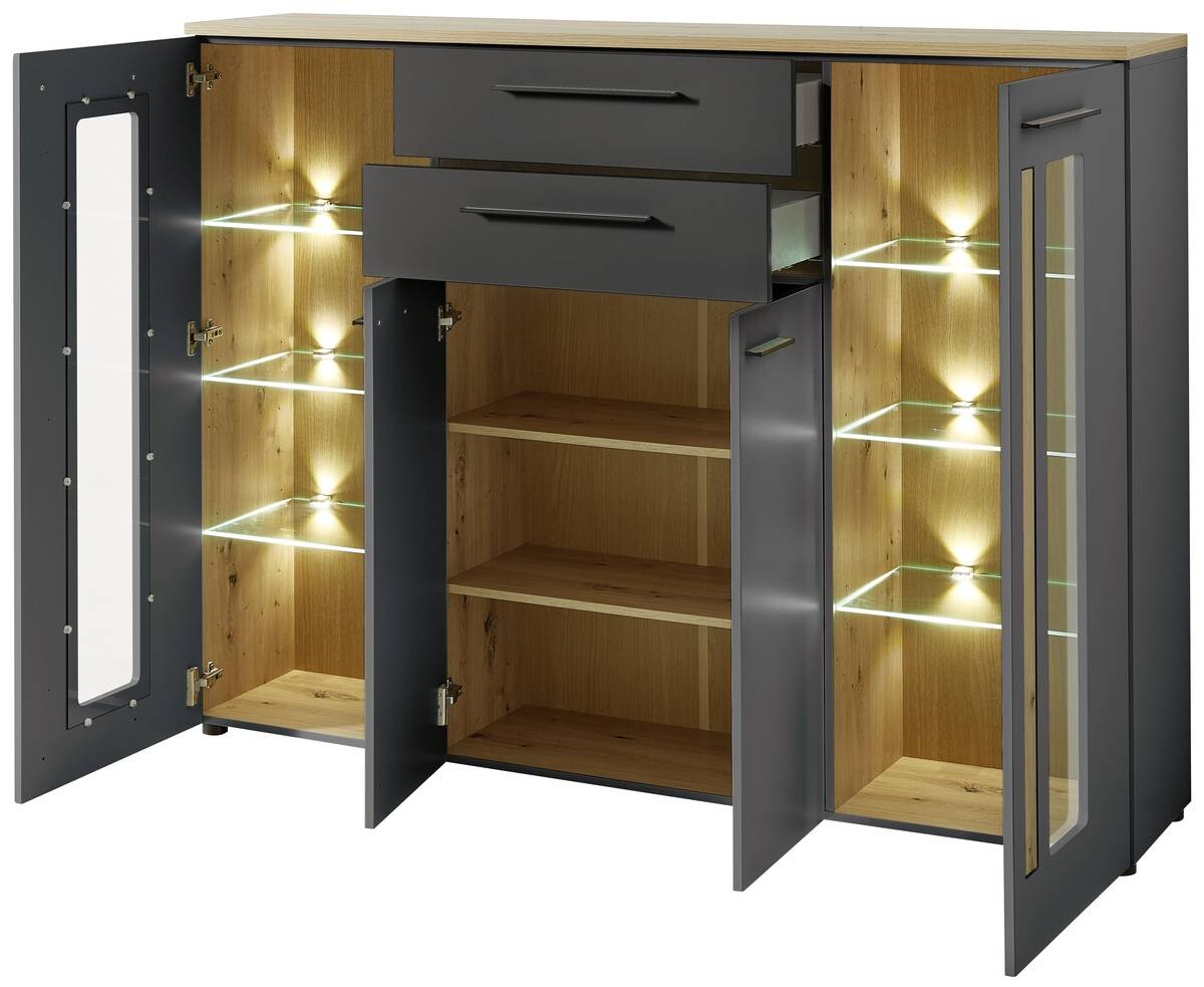 Highboard Loft Two Eiche Artisan Nachbildung Graphit Lacklaminat supermatt B/H/T: ca. 180x133x37 cm