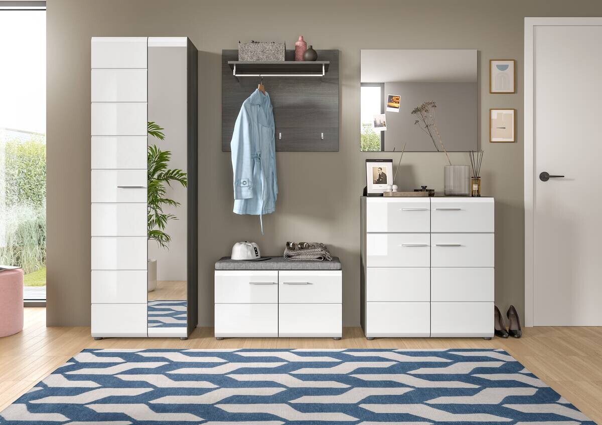 Garderobe SALSA Eiche Rauchsilber Nachbildung weiß Hochglanz B/H/T: ca. 250x192x37 cm Garderobe SALSA Eiche Rauchsilber Nachbildung weiß Hochglanz B/H/T: ca. 250x192x37 cm