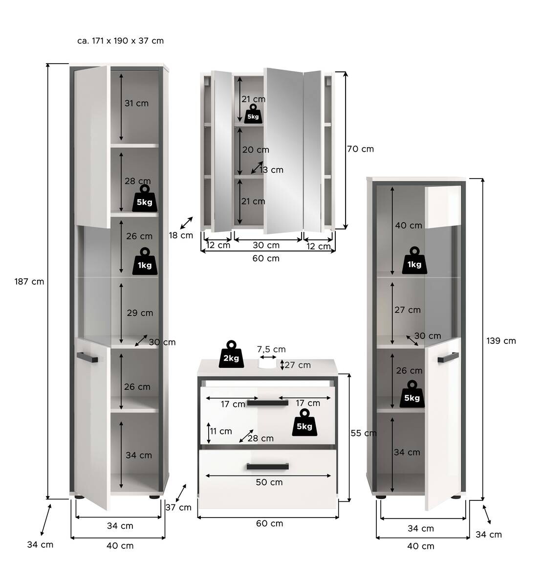 Badblock KOJAK weiß Hochglanz anthrazit grau B/H/T: ca. 171x188x37 cm