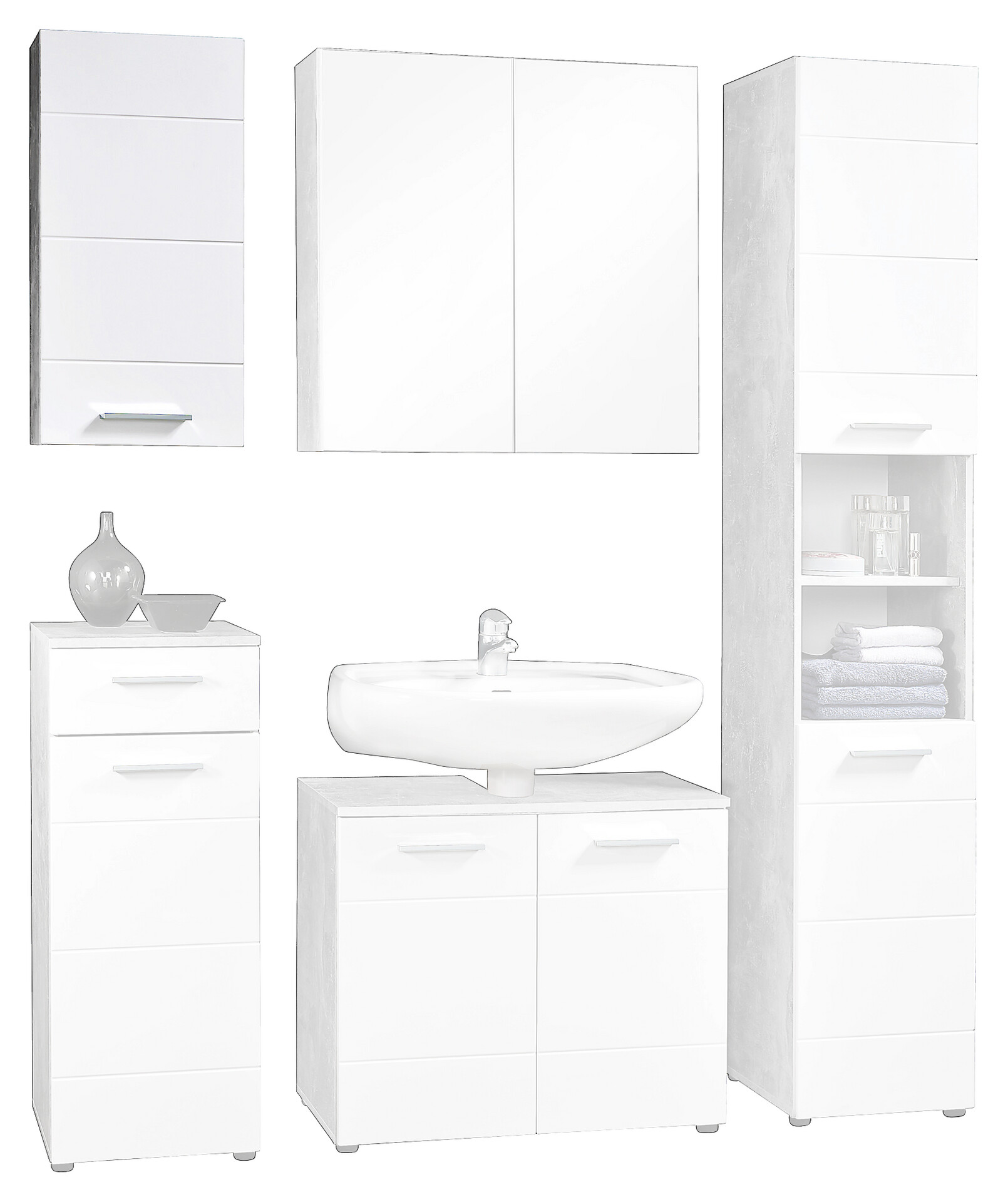 Badhängeschrank Stockholm Beton Optik weiß Hochglanz B/H/T: ca. 35x71x23 cm