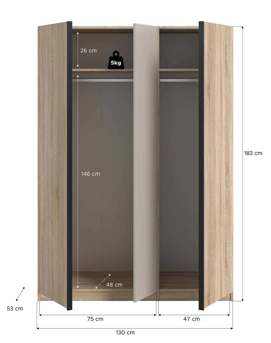 Kleiderschrank OAKLAND Eiche Sonoma Nachbildung Cashmere B/H/T: ca. 130x183x53 cm