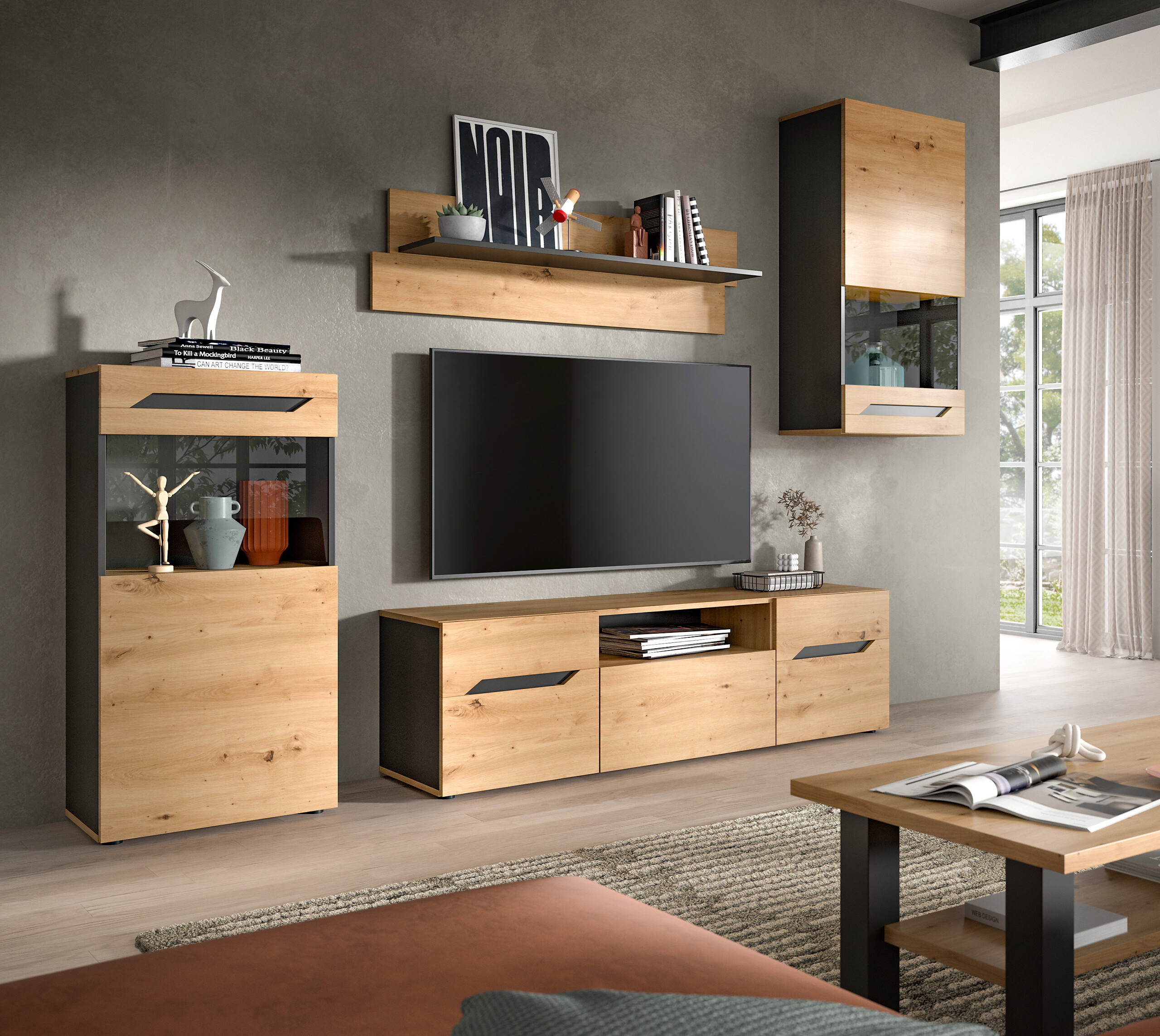 Wohnwand Caserta basaltgrau Nachbildung Artisan Oak Nachbildung B/H/T: ca. 253x196x40 cm