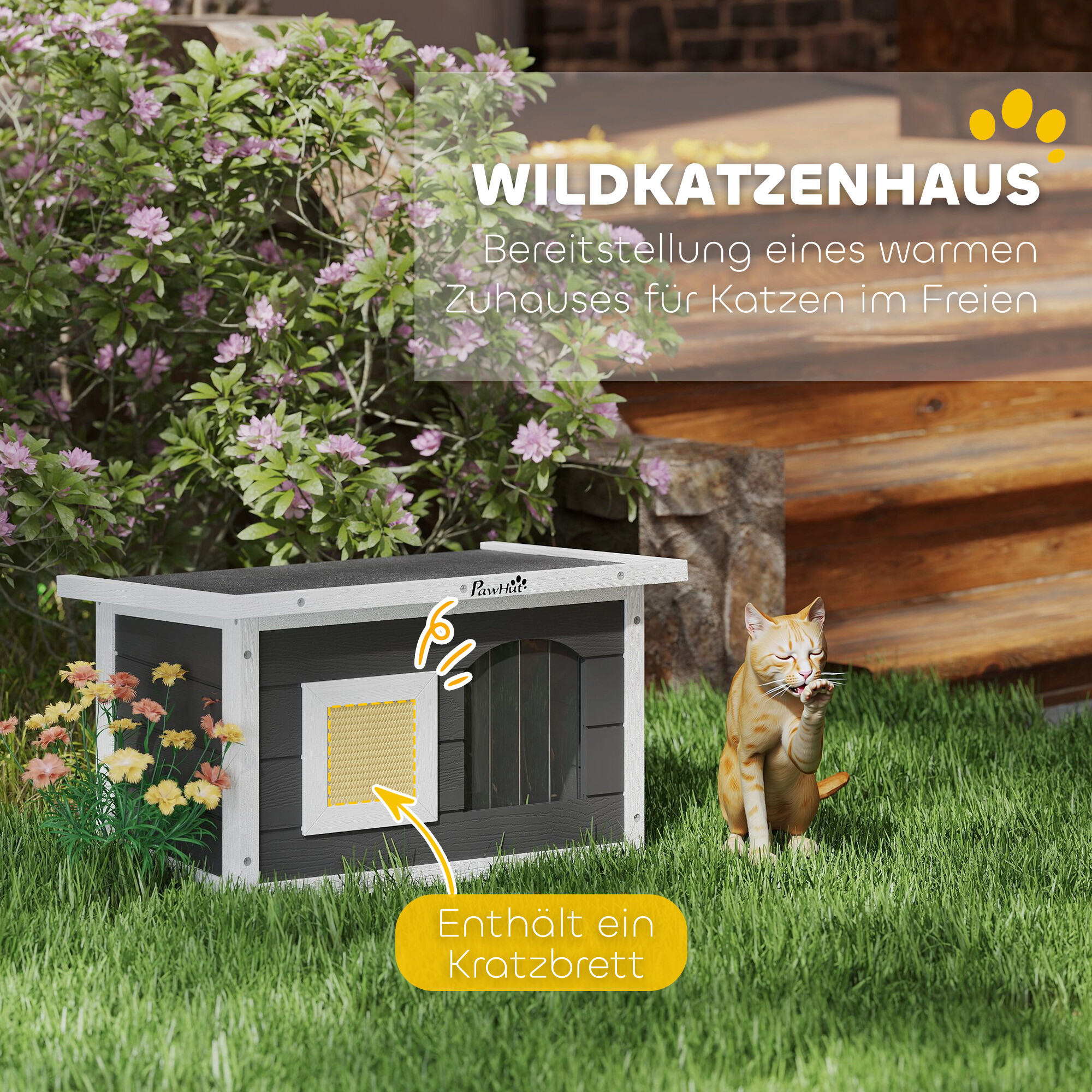 PawHut Katzenhaus grau Holz B/H/L: ca. 45x36,5x61 cm