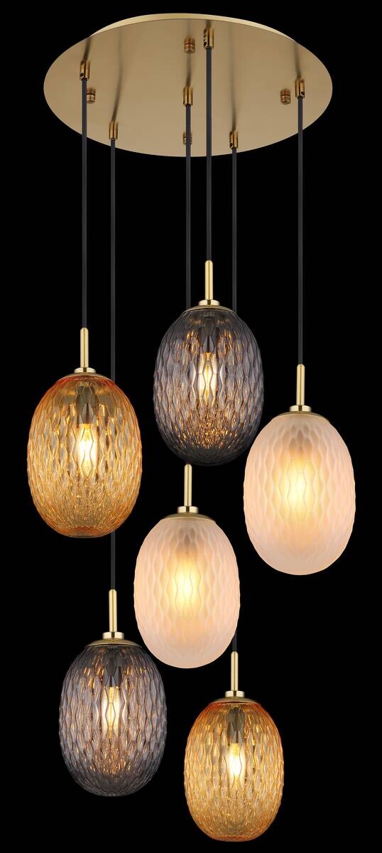 GLOBO Pendelleuchte Rauch gold schwarz Metall Glas Textil H/D: ca. 120x47 cm E14 6 Brennstellen