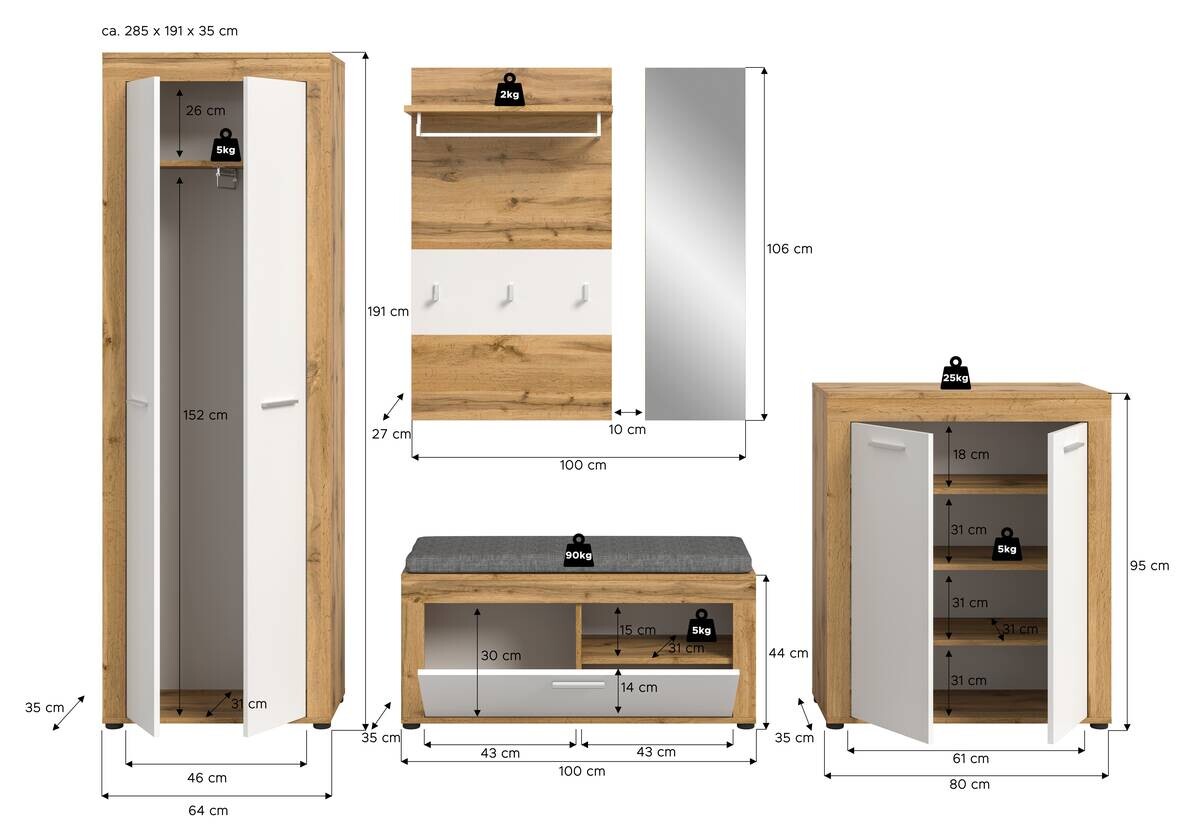 Garderobe JAM Eiche Wotan Nachbildung weiß B/H/T: ca. 285x191x35 cm