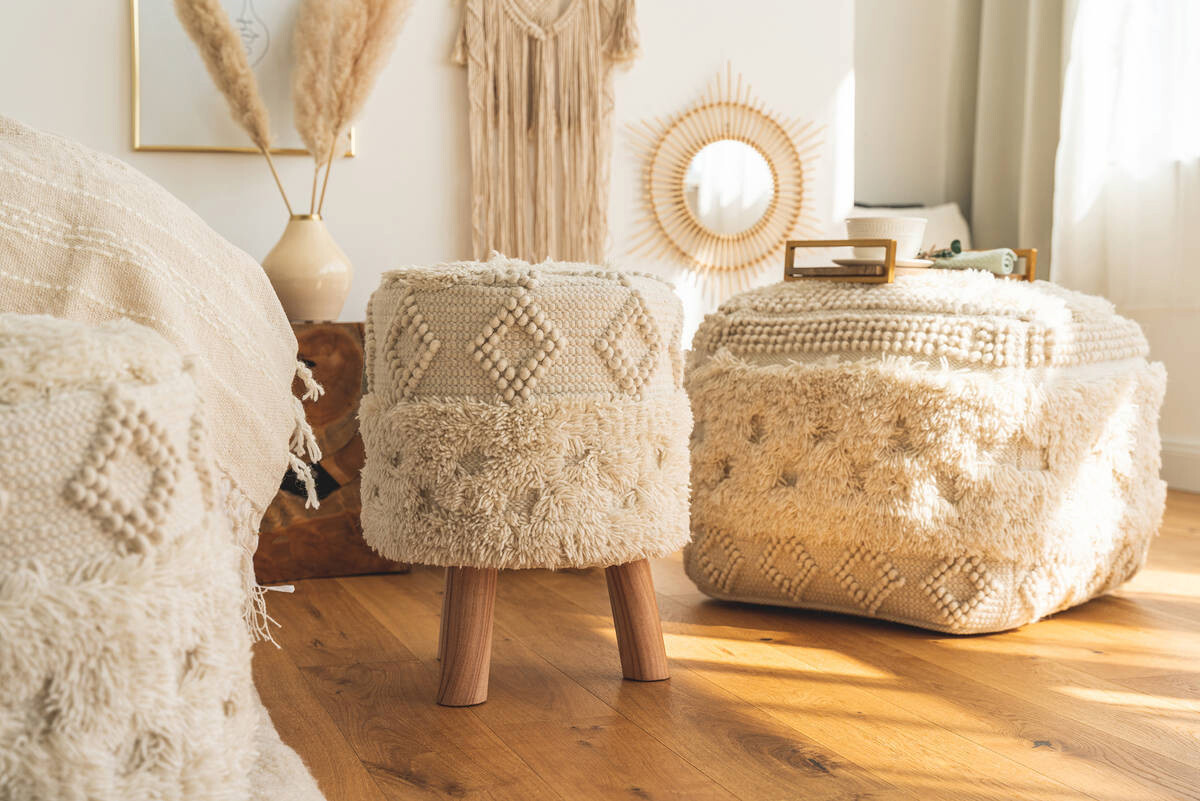 360 Living Hocker Bohist 100 natur Baumwolle Holz H/D: ca. 50x38 cm