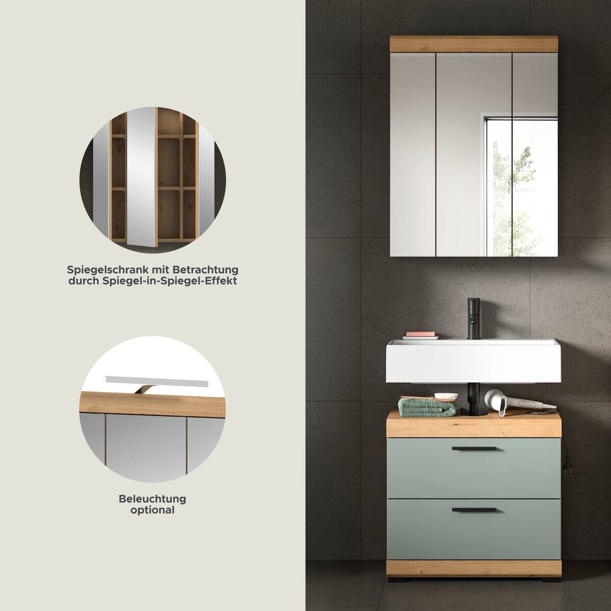 Badezimmer-Set Scout Eiche Artisan Nachbildung salbei Nachbildung B/H/T: ca. 60x191x37 cm