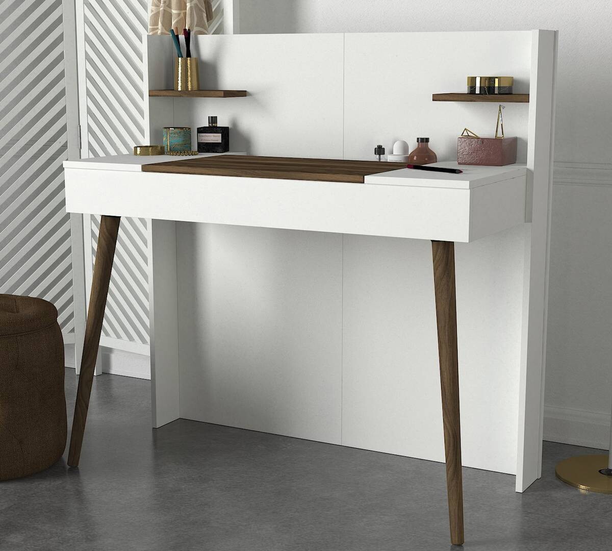 Schminktisch Retro weiß walnuss Nachbildung B/H/T: ca. 116x120x52 cm