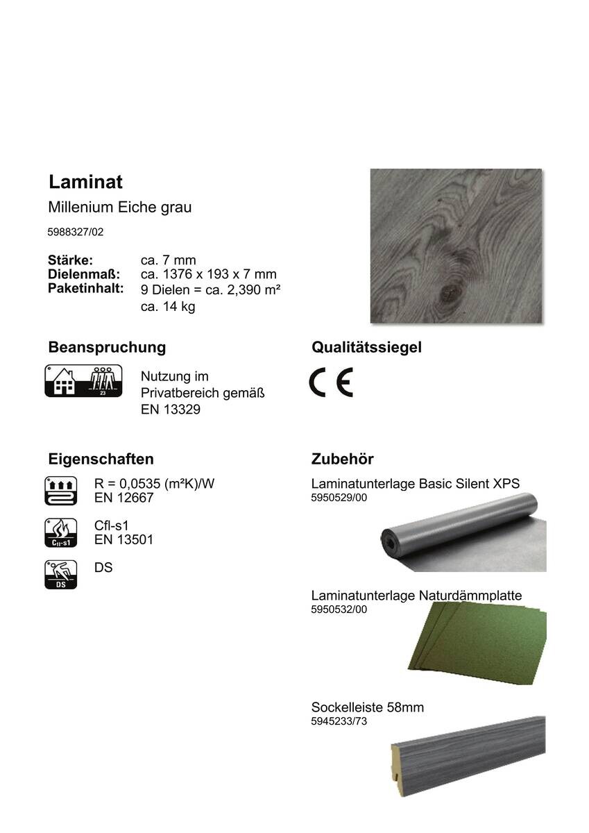 Laminatboden Millenium ca. 2,39 m² im Paket  B/L: ca. 19,3x137,6 cm pro Paket