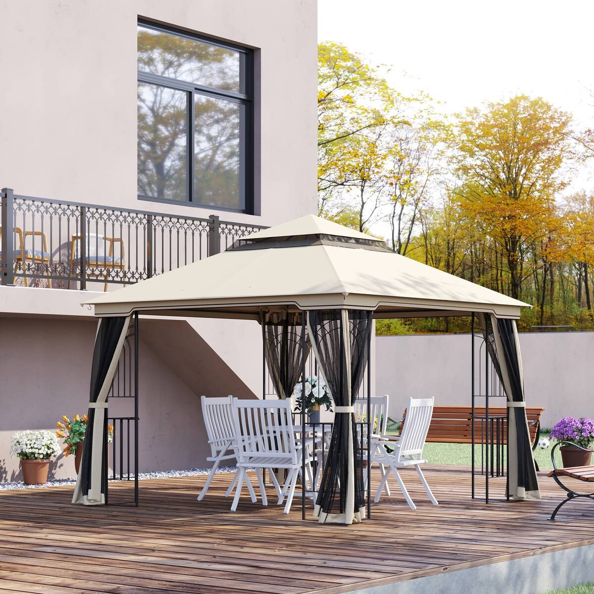 Outsunny Pavillon mit Doppeldach beige Metall B/H/L: ca. 299x274x299 cm