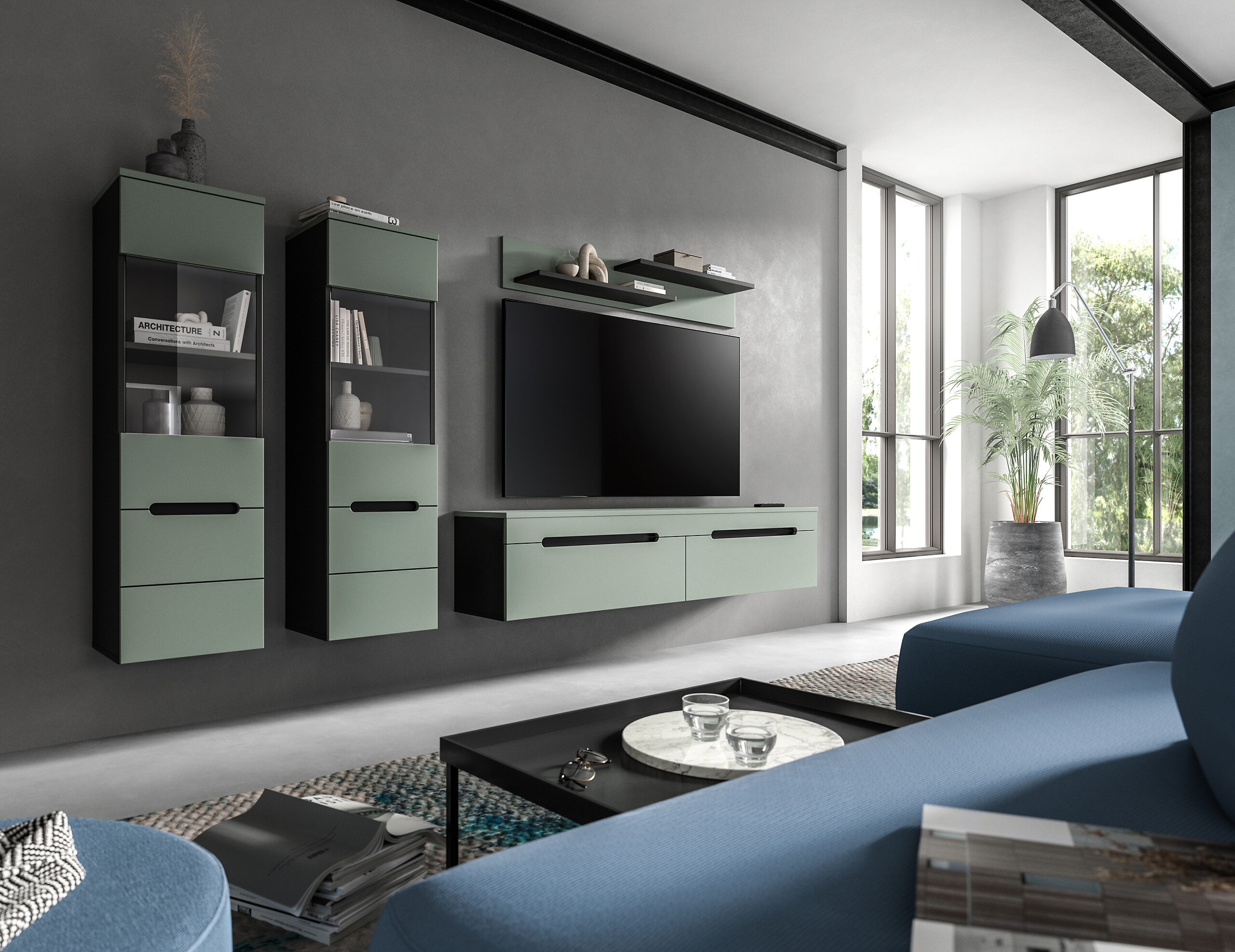 Wohnwand Canu grün basaltgrau Nachbildung B/H/T: ca. 272x141x33 cm