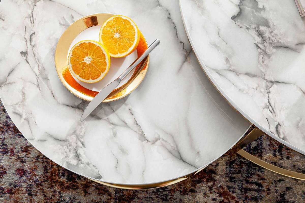 Wohnling Couchtisch 2er-Set weiß Marmor gold MDF Stahl