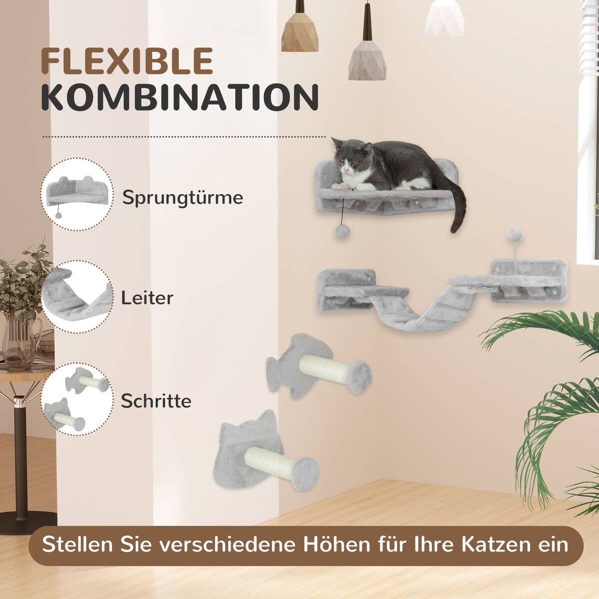 PawHut Katzen Kletterwand Set hellgrau Plüsch B/H/L: ca. 26x12,5x90 cm