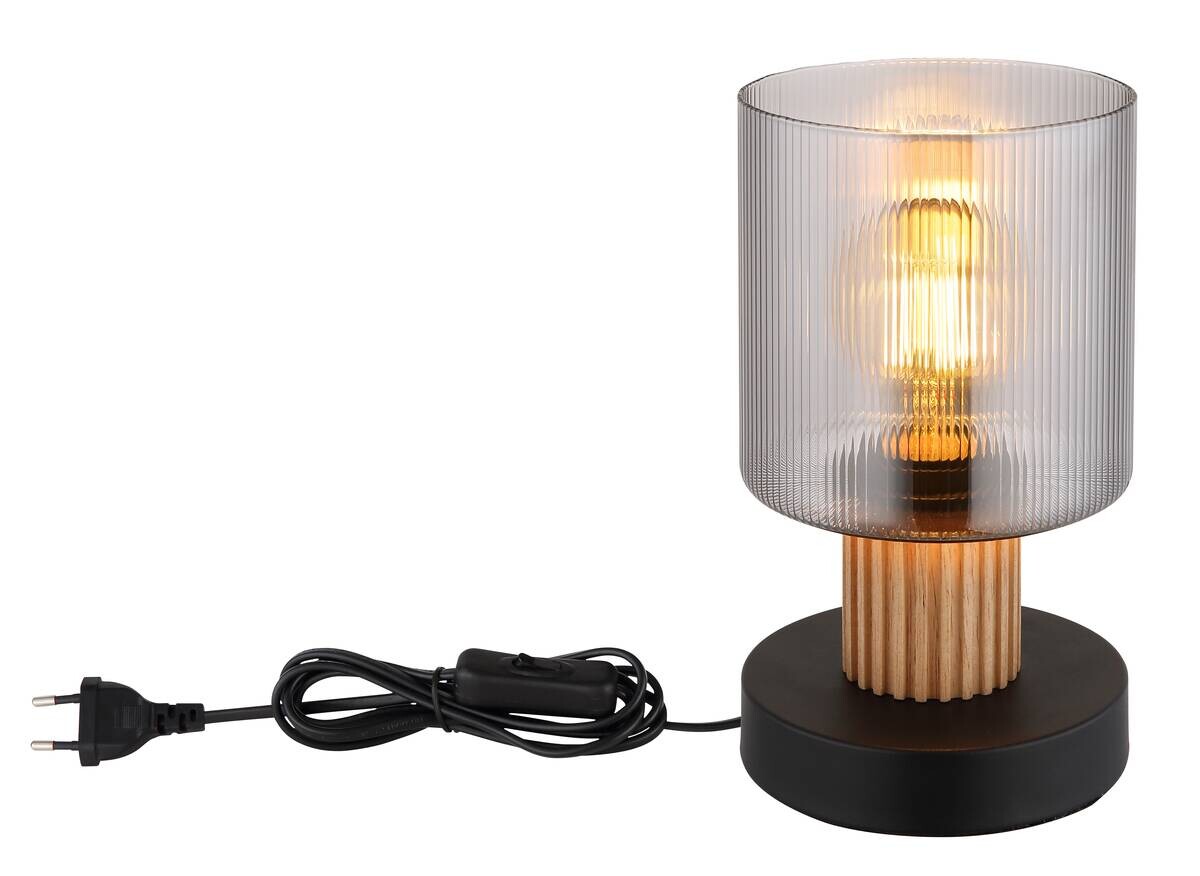 GLOBO Tischleuchte schwarz Rauch dunkelbraun Glas Holz Metall H/D: ca. 21x12 cm E27 1 Brennstellen