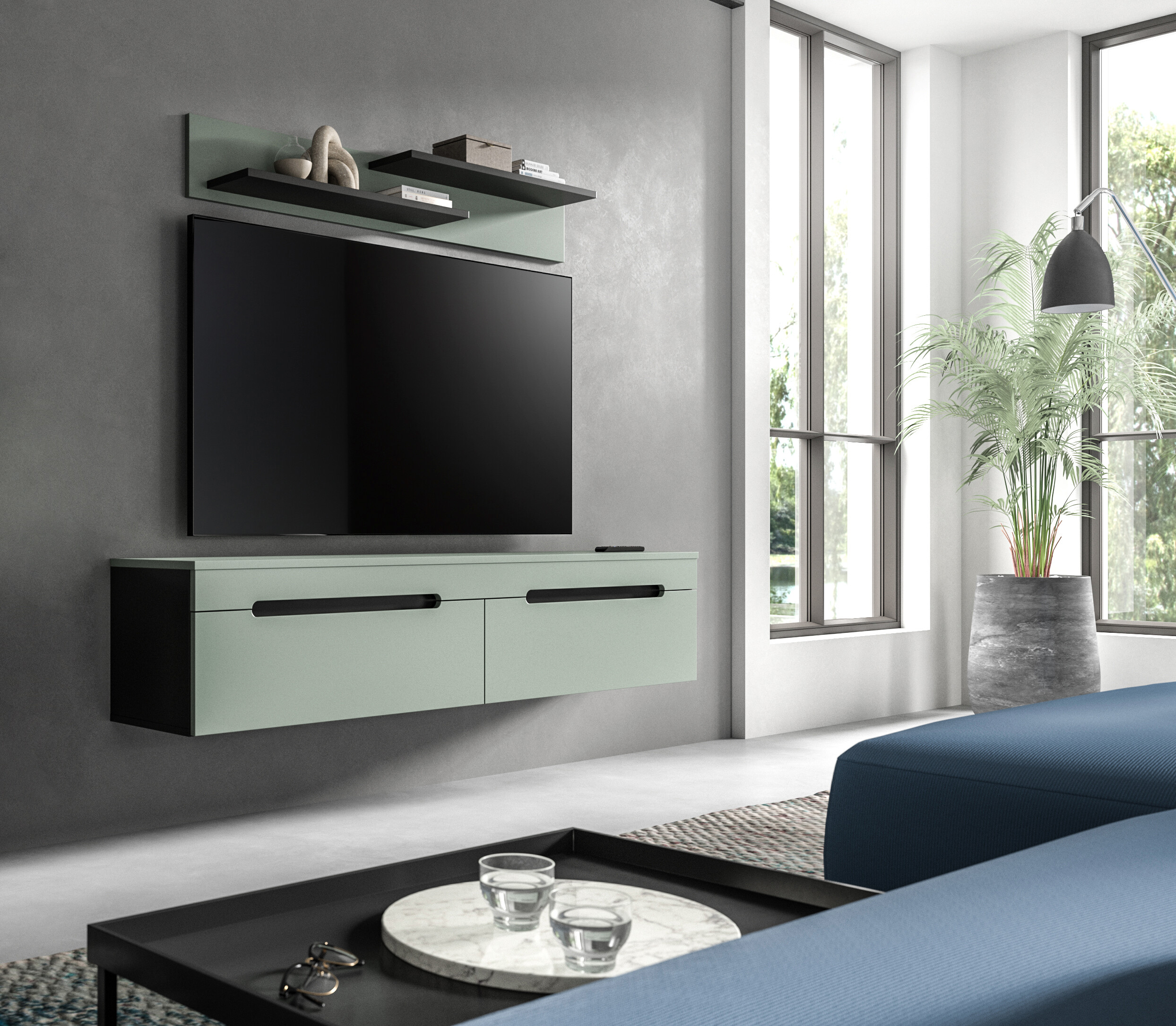 TV-Lowboard Canu grün basaltgrau Nachbildung B/H/T: ca. 170x38x33 cm