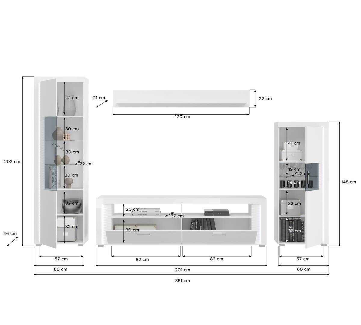 Wohnwand SKYLIGHT weiß weiß Hochglanz Pasol grau B/H/T: ca. 351x202x46 cm