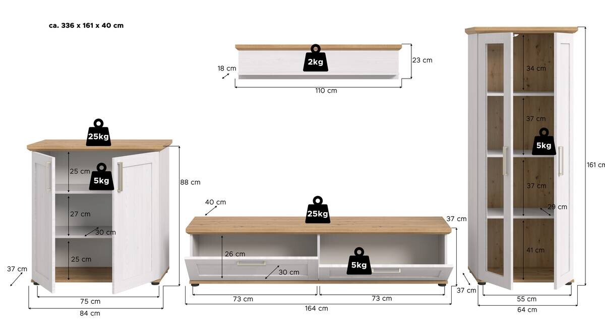 Wohnwand VERONA Lärche Nachbildung Eiche Nachbildung B/H/T: ca. 336x161x40 cm