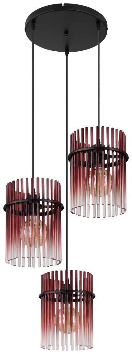 GLOBO Pendelleuchte Gorley schwarz rot Metall Glas H/D: ca. 140x47 cm E27 3 Brennstellen