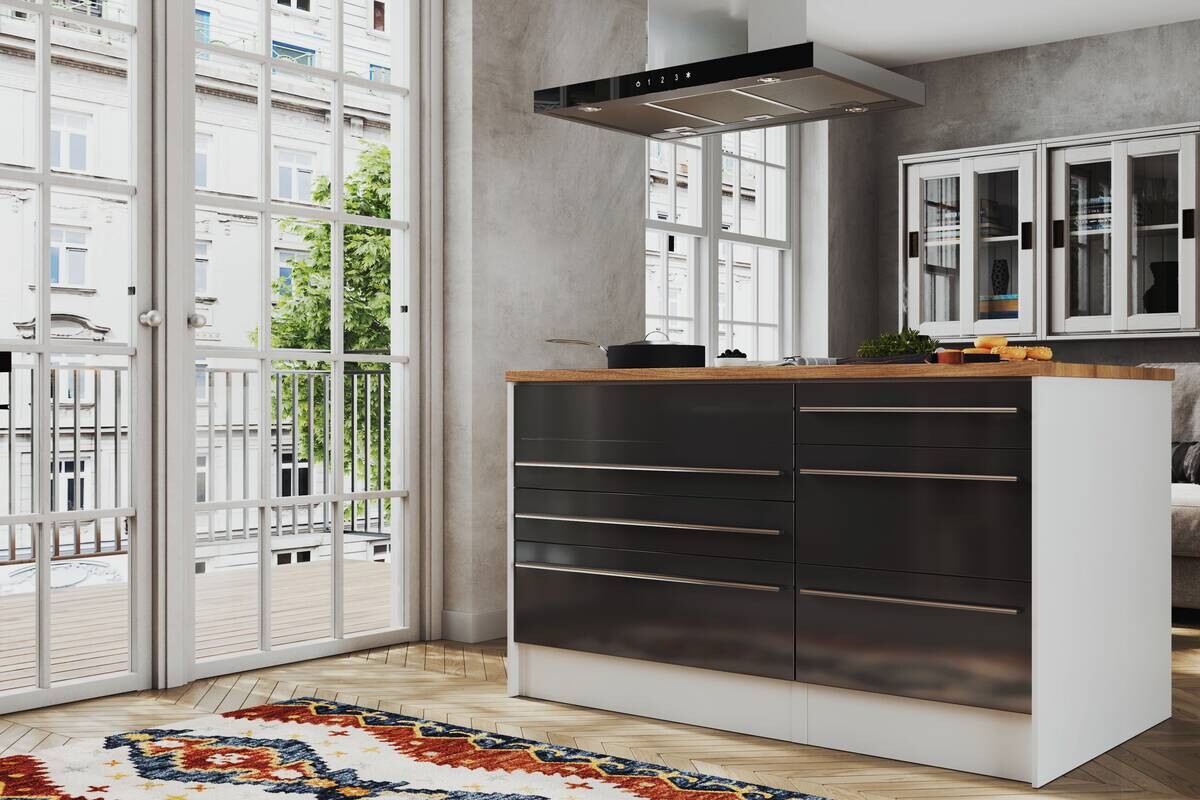 Respekta Inselküche Gabriel grau Hochglanz B/H/T: ca. 320x91x60 cm