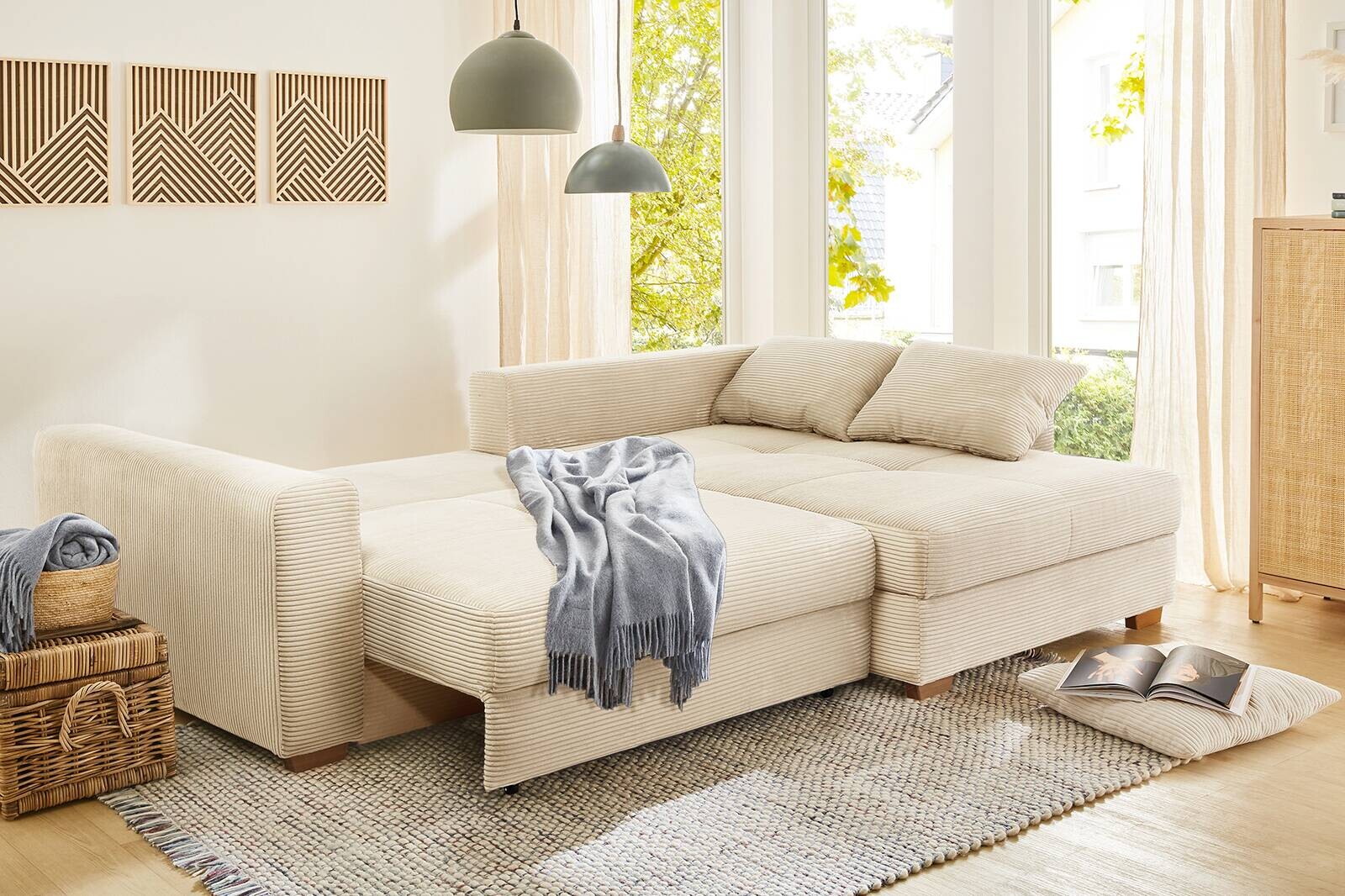 Ecksofa mit Bettfunktion und Bettkasten beige Velourstoff B/H/T: ca. 288x86x186 cm
