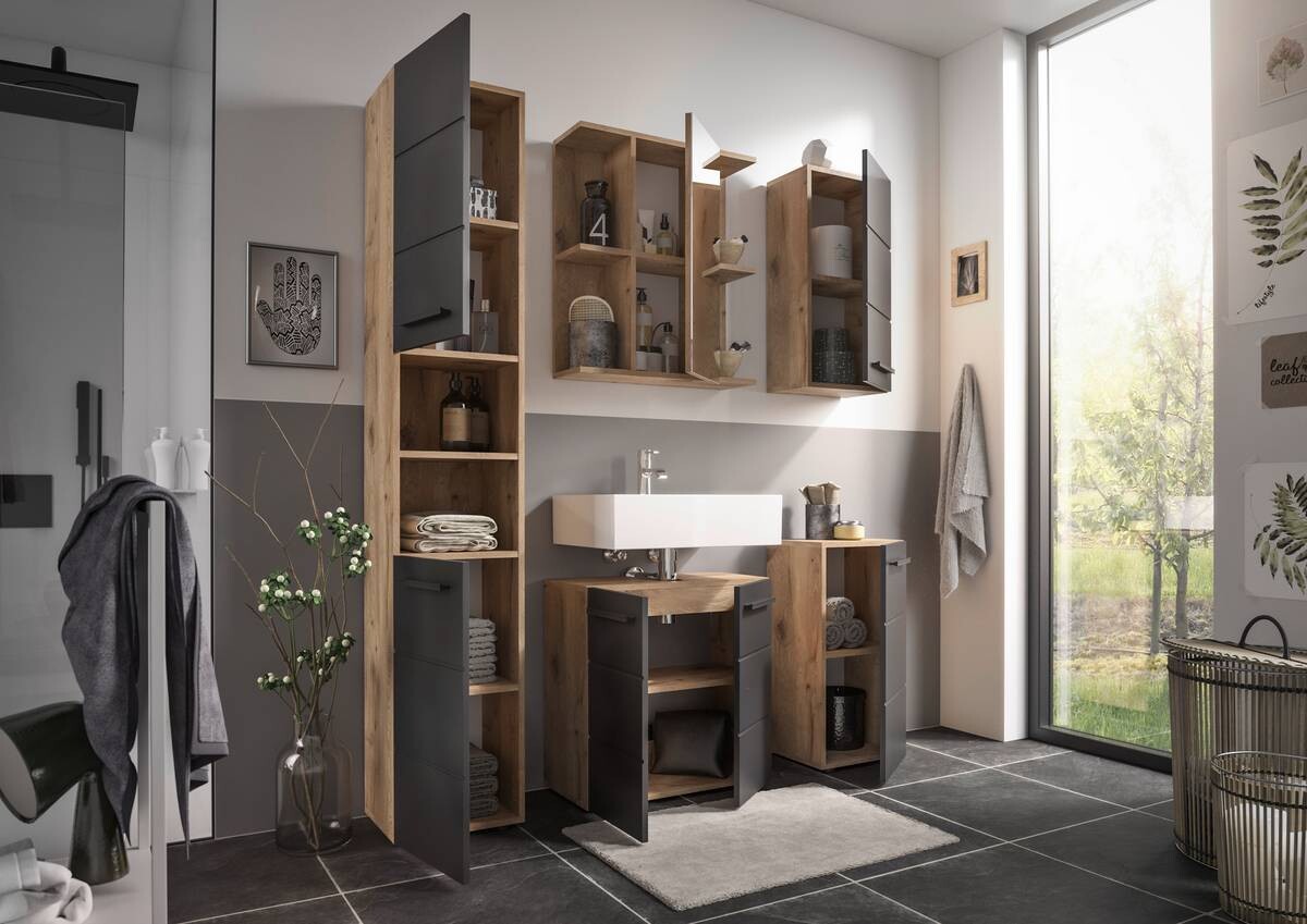 Hochschrank Vista Oak Eiche Viking Nachbildung schwarz matt B/H/T: ca. 34x190x31 cm