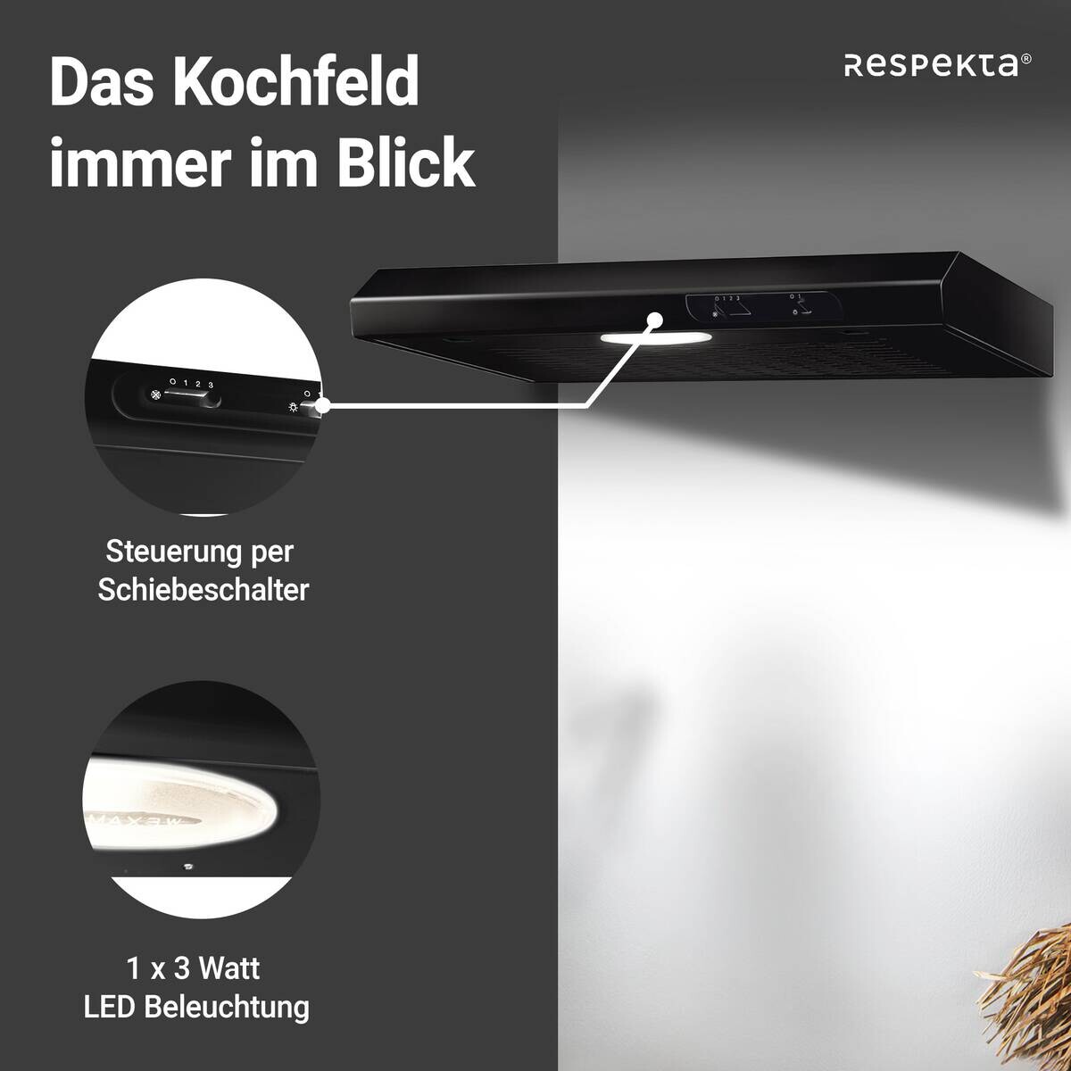 Respekta Dunstabzugshaube DH630SL schwarz Edelstahl B/H/T: ca. 60x7,8x47 cm