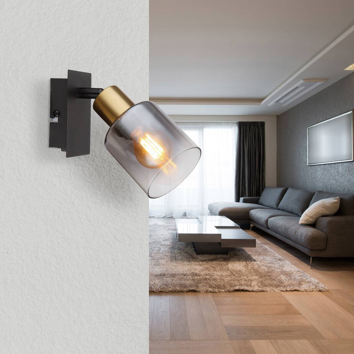 GLOBO Spot Hollsy schwarz Rauch Metall Glas B/L: ca. 16x8 cm E14 1 Brennstellen