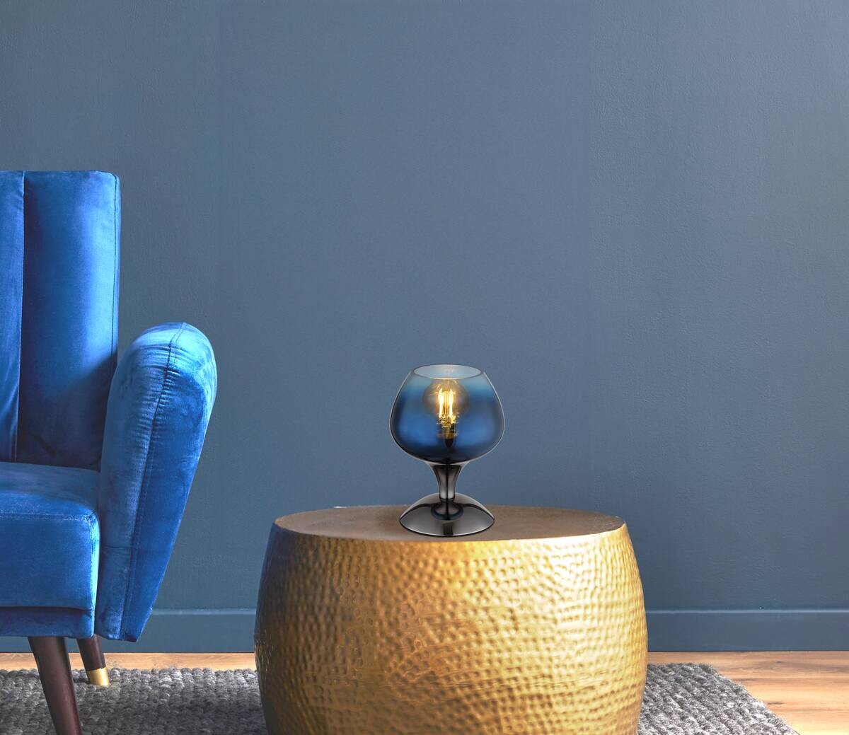 GLOBO Tischleuchte schwarz Chrom blau Glas Metall Textil H/D: ca. 20,5x15 cm E27 1 Brennstellen