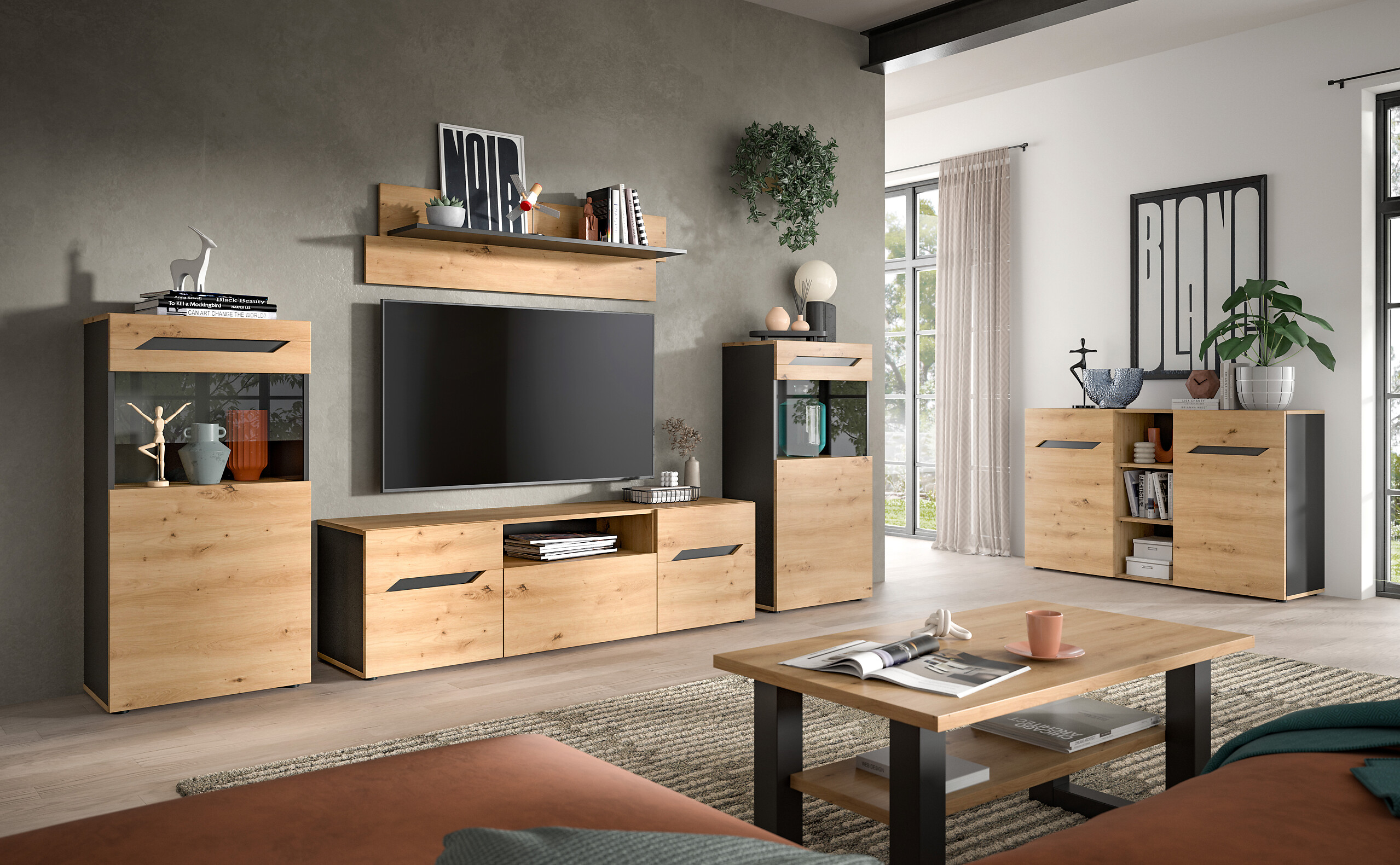 Wohnwand Caserta basaltgrau Nachbildung Artisan Oak Nachbildung B/H/T: ca. 253x196x40 cm