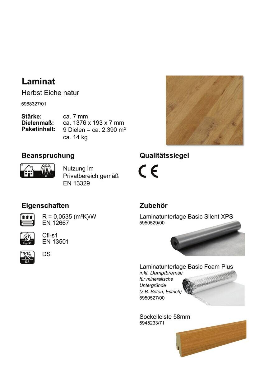 Laminatboden Herbst ca. 2,39 m² im Paket  B/L: ca. 19,3x137,9 cm pro Paket