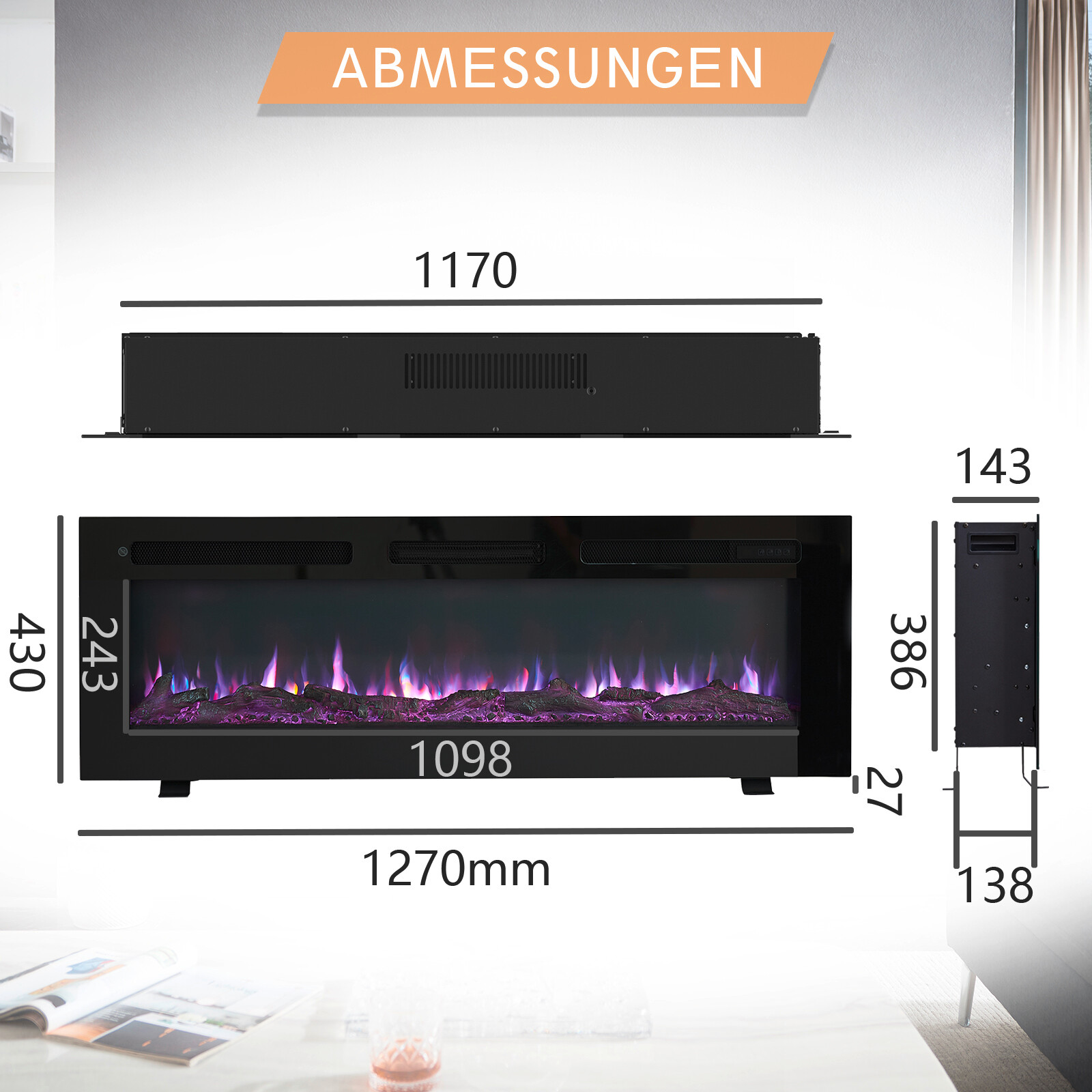 Balderia Elektrischer-Kamin Leif 50'' schwarz B/H/T: ca. 127x43x14,3 cm