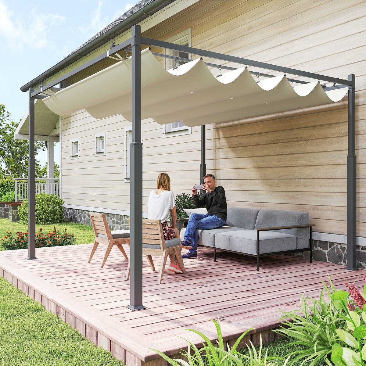 Outsunny Pergola cremeweiß Metall B/H/L: ca. 298x230x298 cm