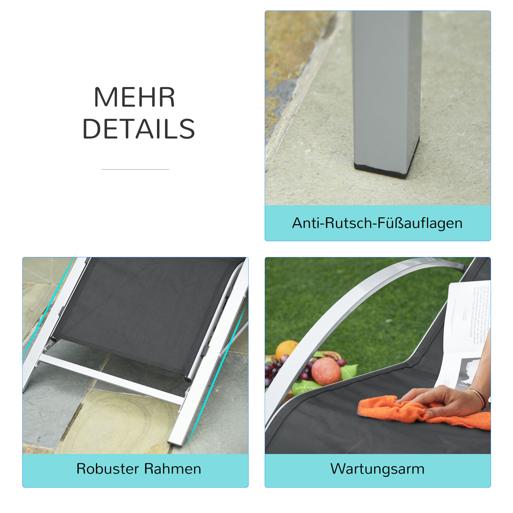 Outsunny Gartenliege-Set mit Tisch schwarz Metall B/H/T: ca. 59x66x169 cm