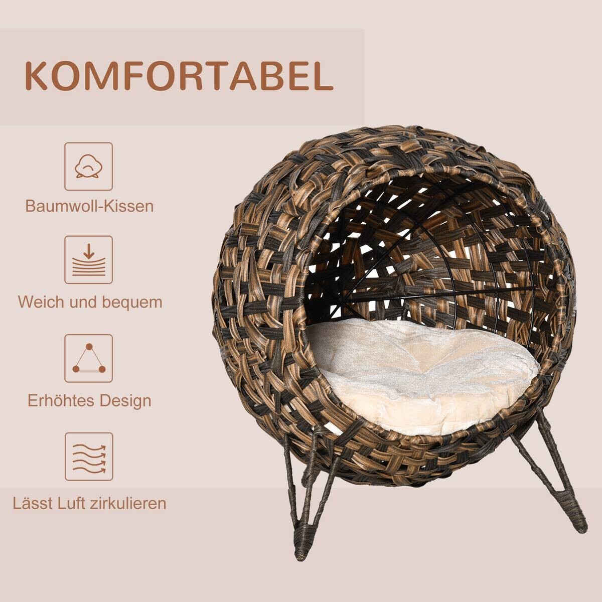 PawHut Katzenhaus braun Rattan B/H/L: ca. 46x58x54 cm