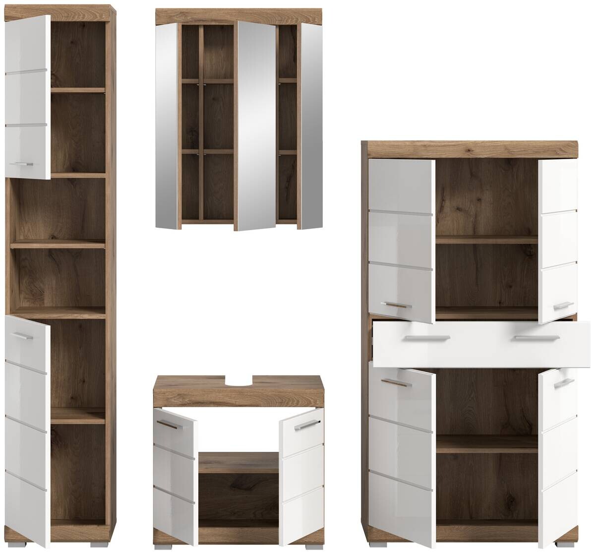 Badezimmer-Set Wave weiß Hochglanz Nox Oak Nachbildung B/H/T: ca. 204x191x34 cm