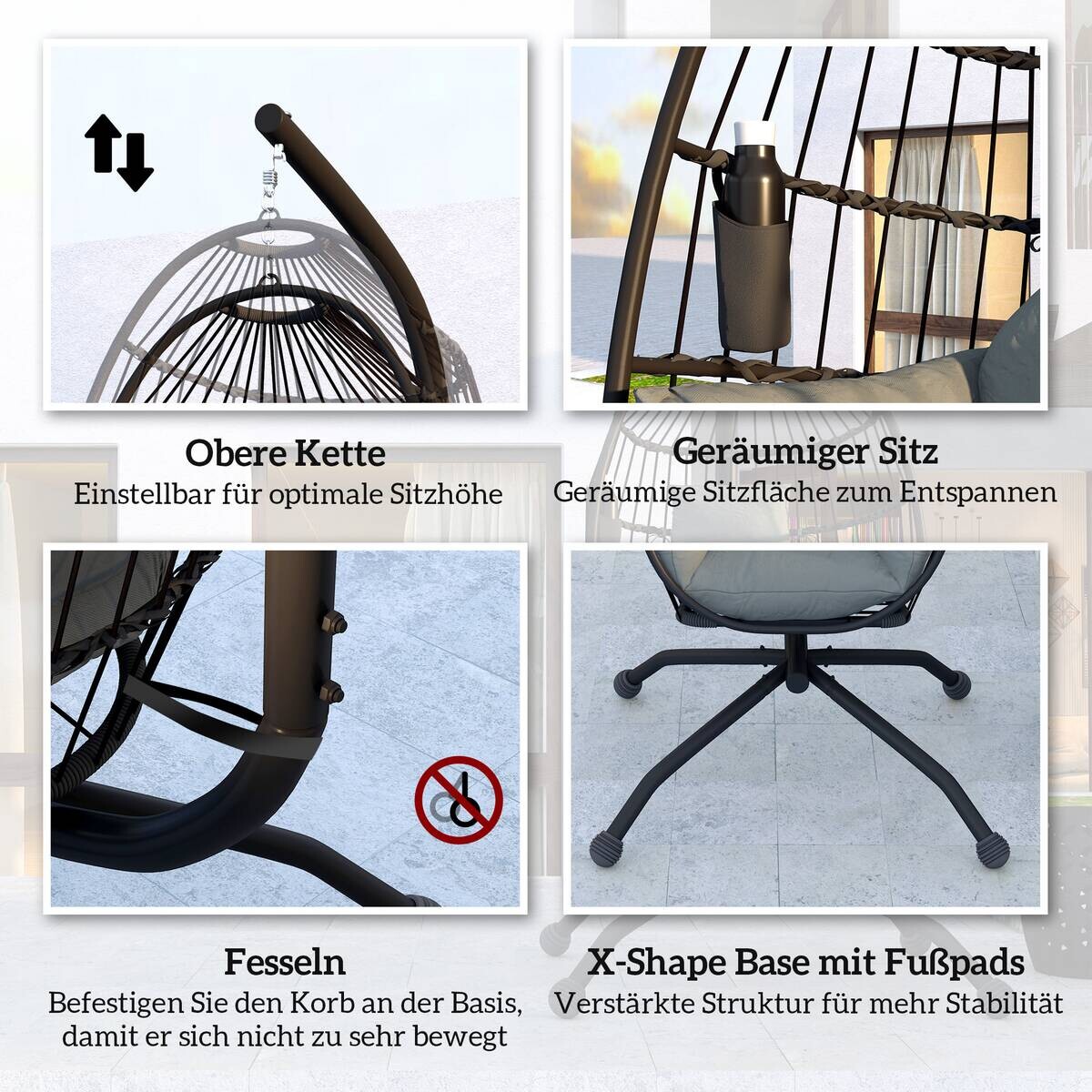 Outsunny Hängesessel schwarz Stahl B/H/L: ca. 88x192x120 cm