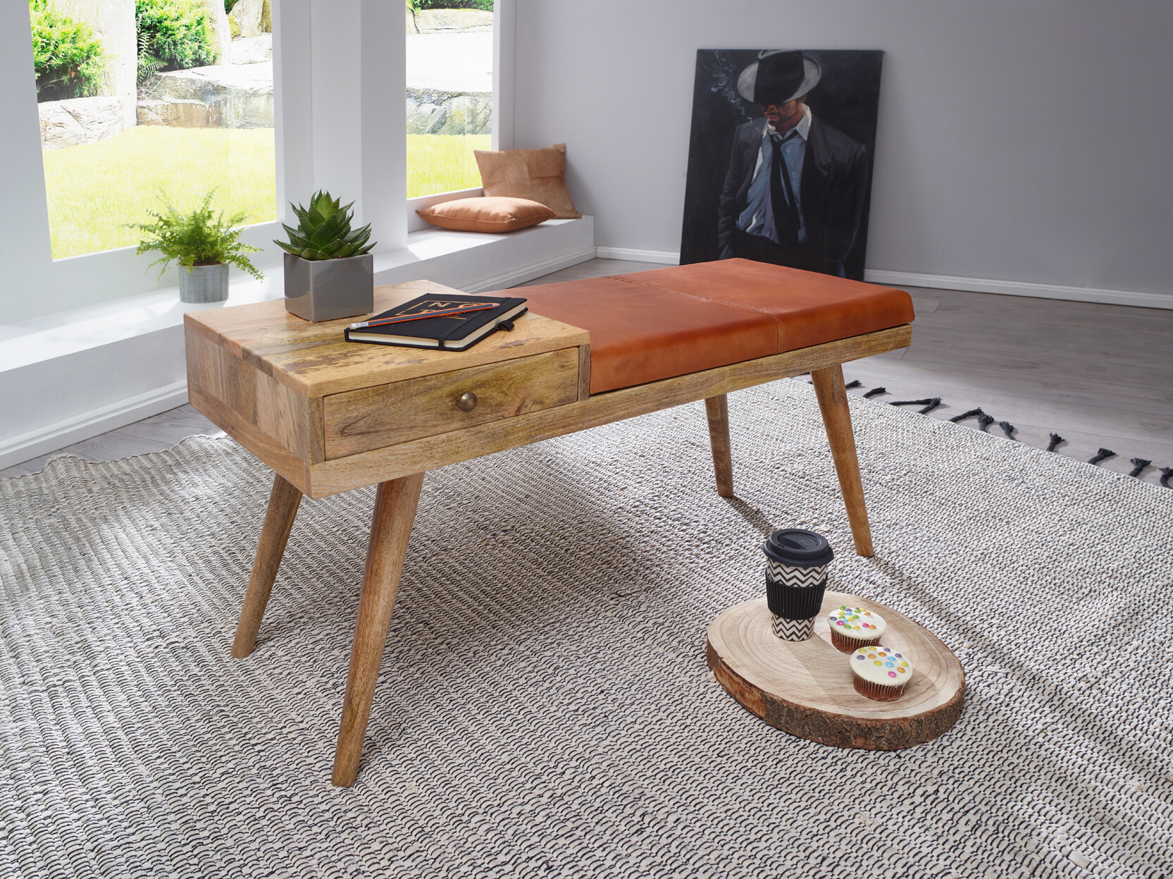 Wohnling Sitzbank natur braun Echtholz Leder B/H/T: ca. 100x52x38 cm