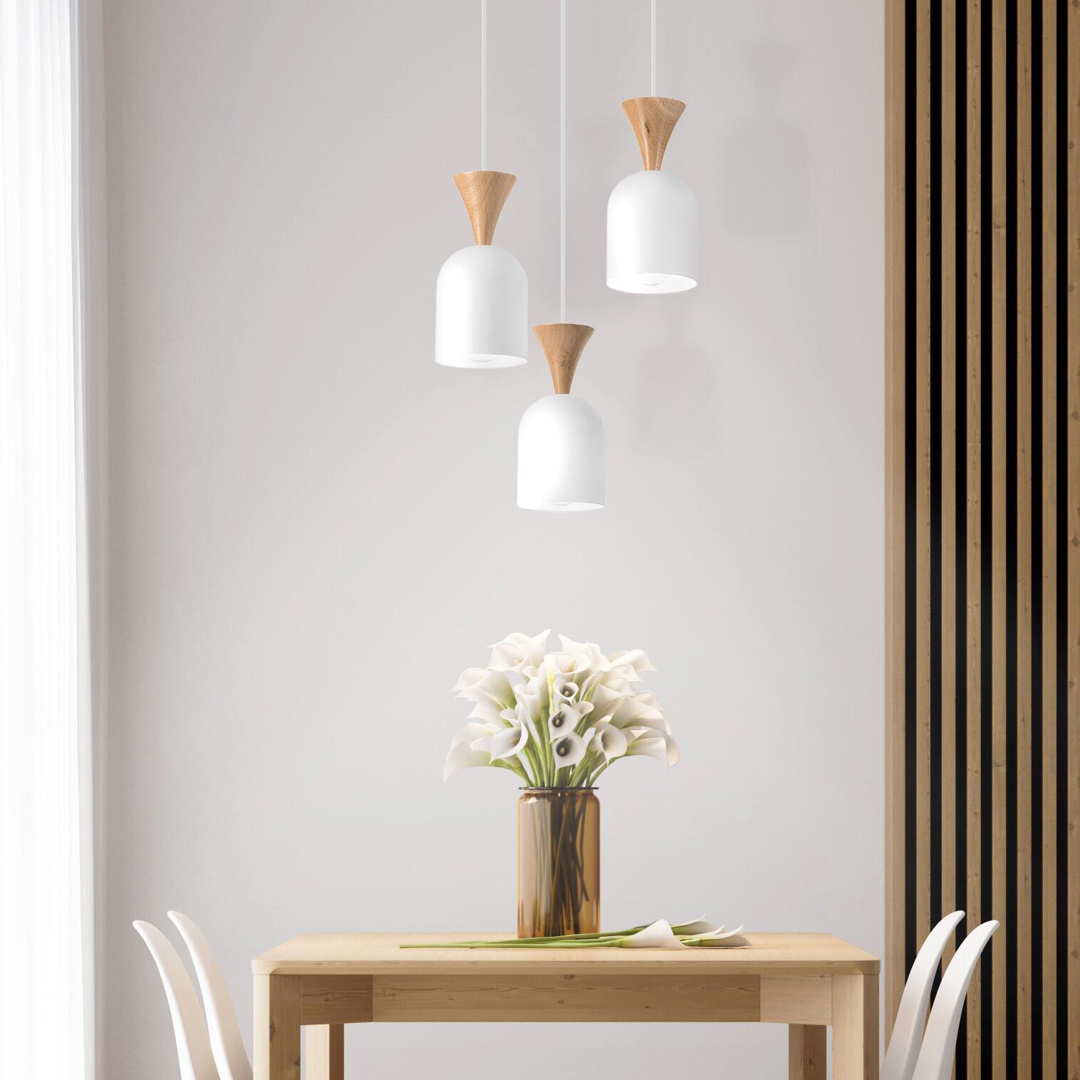 Lamkur Hängeleuchte Eiche weiß Stahl Holz B/H/L: ca. 34x100x34 cm E27 3 Brennstellen