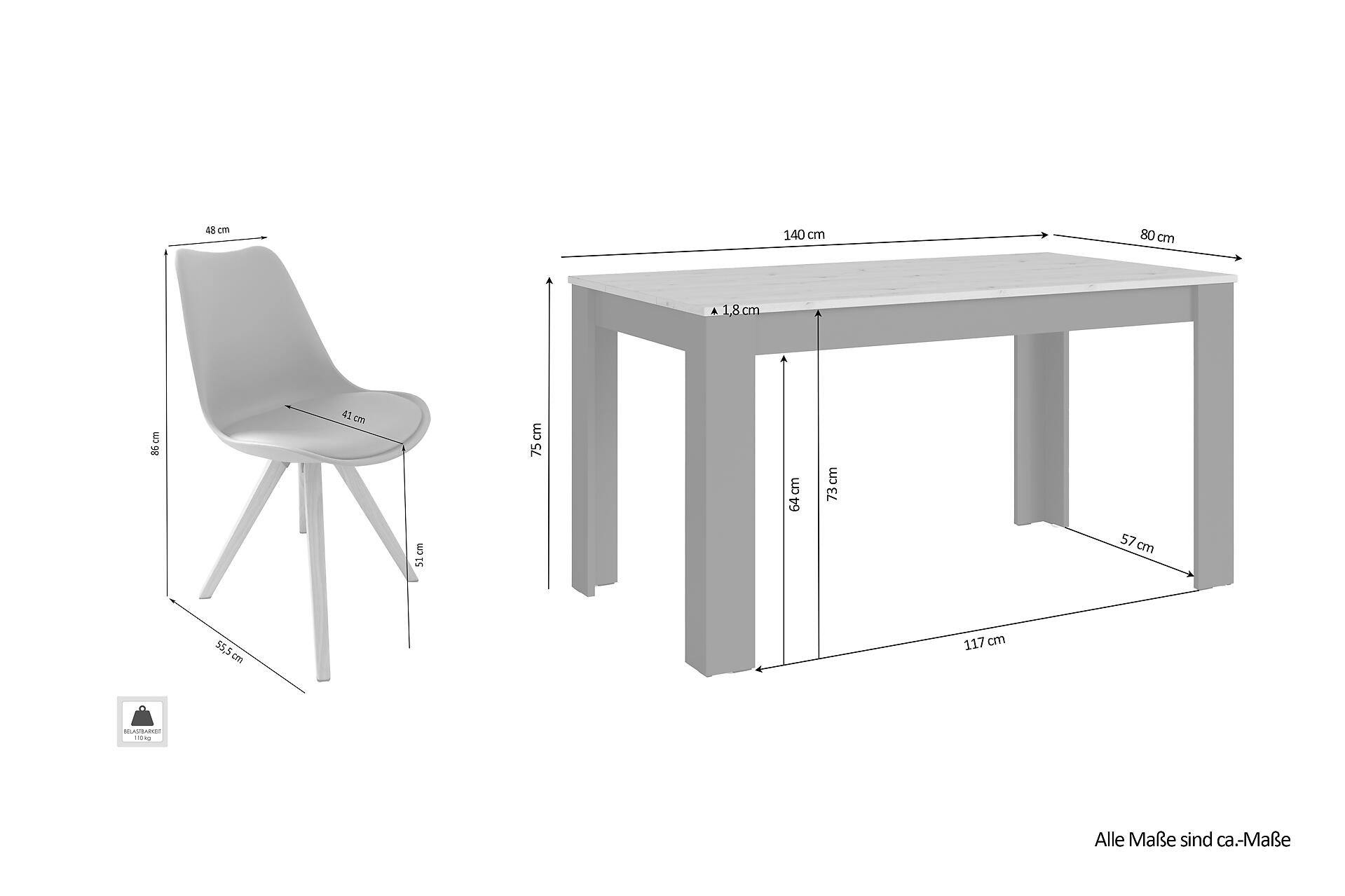 Tischgruppe KIRA weiß Eiche B/H/T: ca. 140x75x80 cm