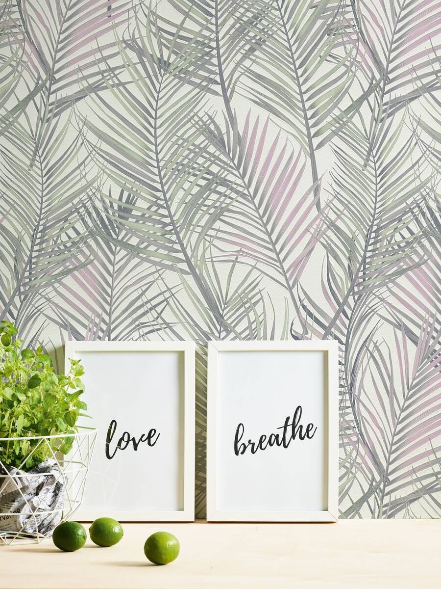 Vliestapete Palmenblätter grün rosa B/L: ca. 53x1005 cm