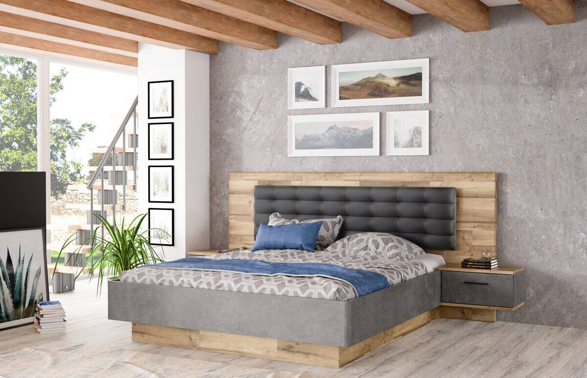 Bettanlage Stabeiche Nachbildung dunkelgrau Beton Optik B/H/T: ca. 296,5x120x209,9 cm Liegefläche B/L: ca. 180x200 cm Bettanlage Stabeiche Nachbildung dunkelgrau Beton Optik B/H/T: ca. 296,5x120x209,9 cm Liegefläche B/L: ca. 180x200 cm