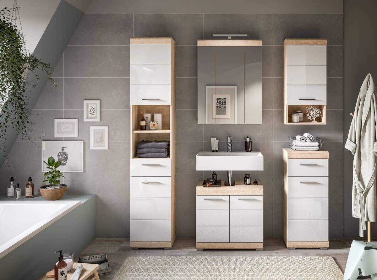 Badezimmer-Set LAMBADA Eiche Sonoma Nachbildung weiß Hochglanz B/H/T: ca. 60x191x34 cm