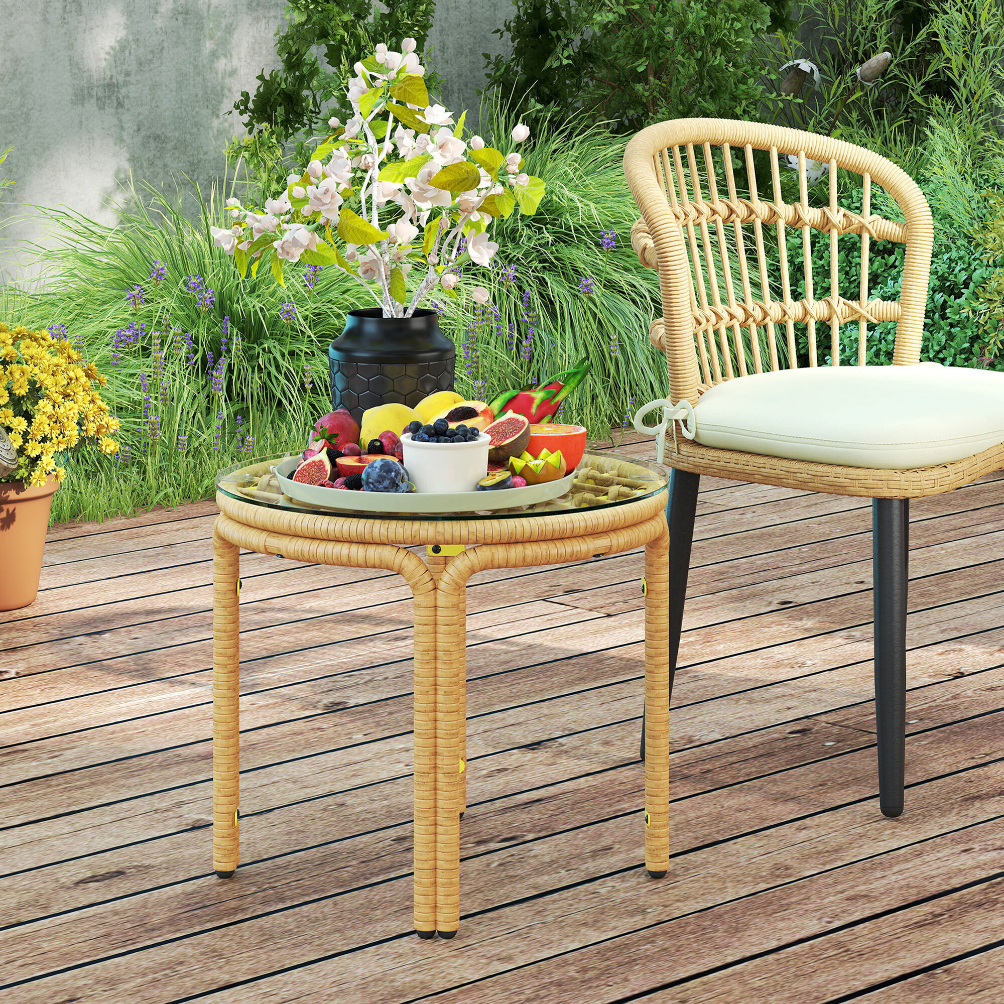Outsunny Rattan-Beistelltisch gelb Stahl B/H/L: ca. 50x44x50 cm