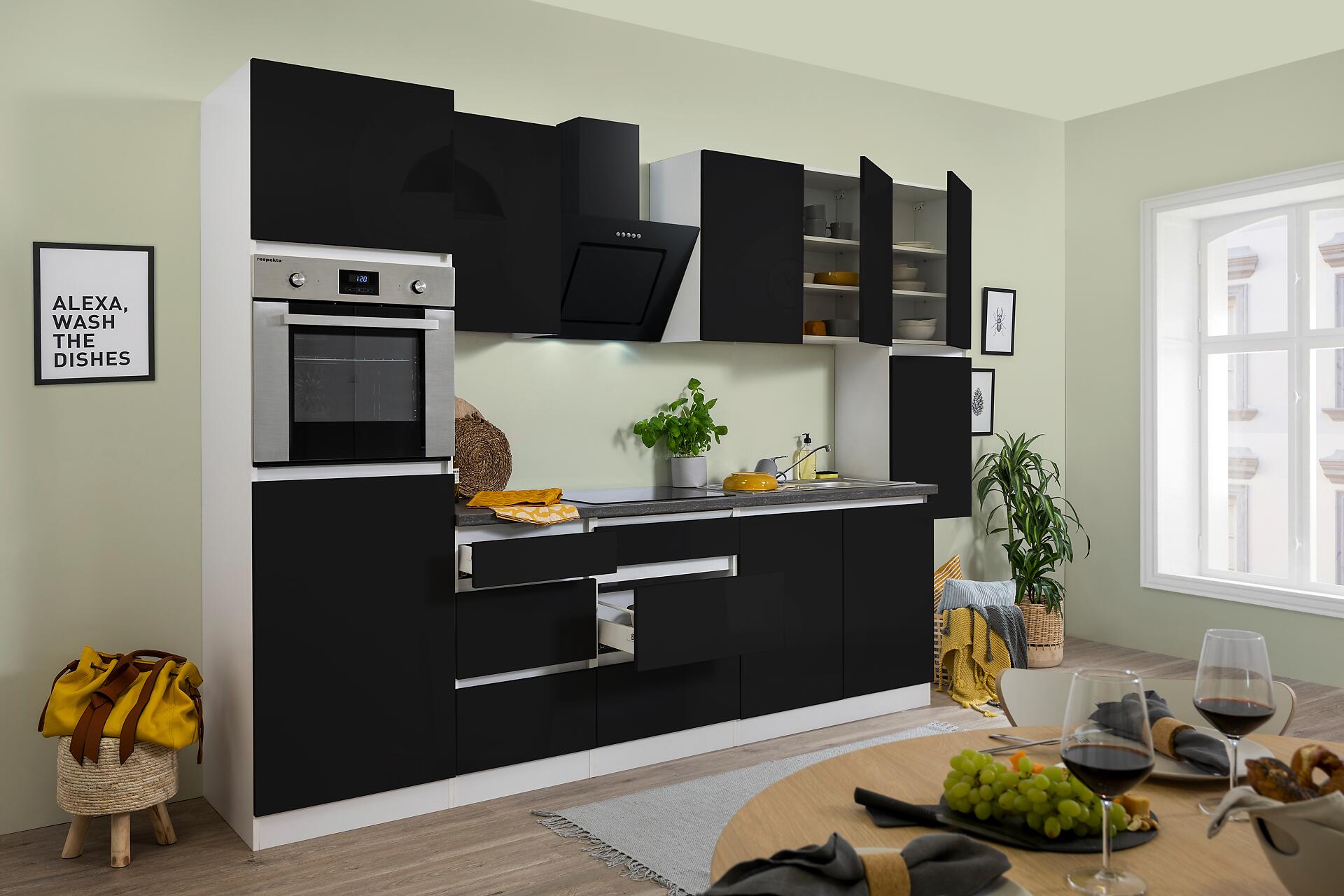 Respekta Küchenblock Premium schwarz hochglänzend B/H/T: ca. 320x220,5x60 cm