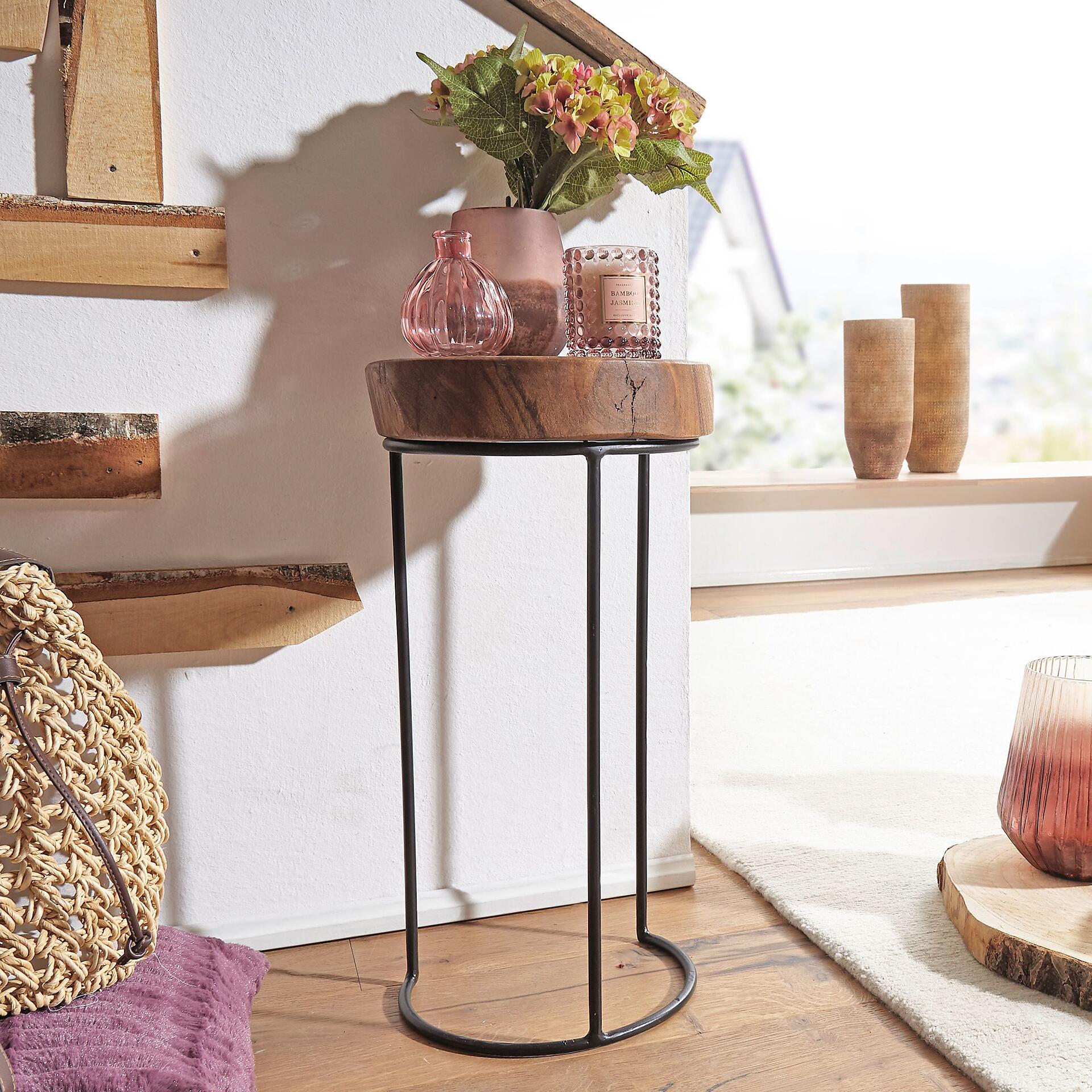 Beistelltisch natur schwarz Echtholz Metall B/H/T: ca. 28x55x28 cm