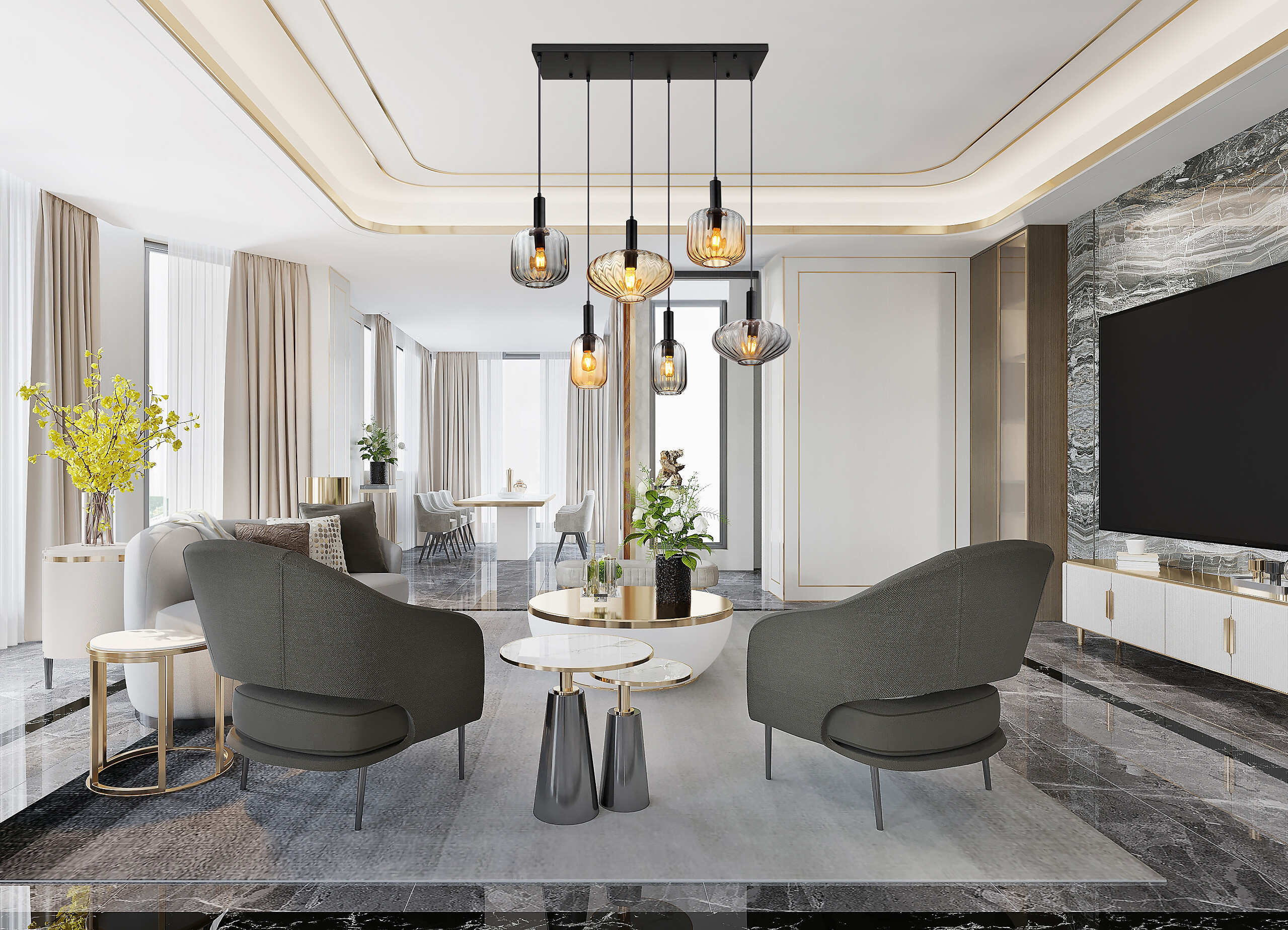 GLOBO Pendelleuchte schwarz Rauch amber Metall Glas PVC B/H/L: ca. 47x150x100 cm E27 6 Brennstellen