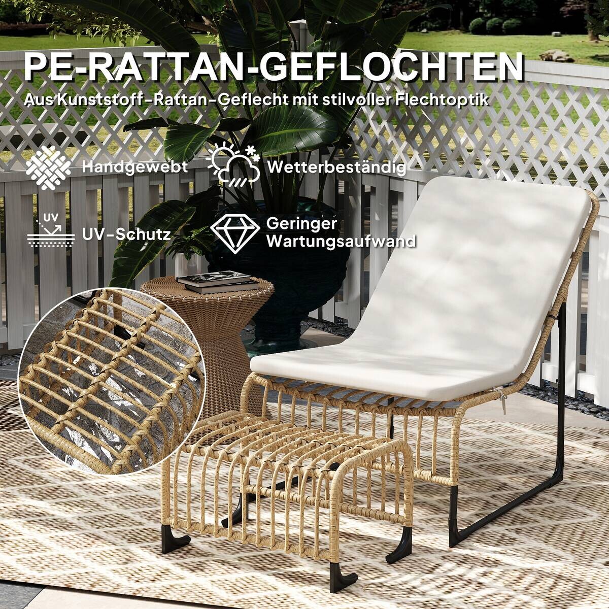 Outsunny Rattan Relaxsessel mit Hocker cremeweiß Stahl B/H/L: ca. 65x80x93 cm