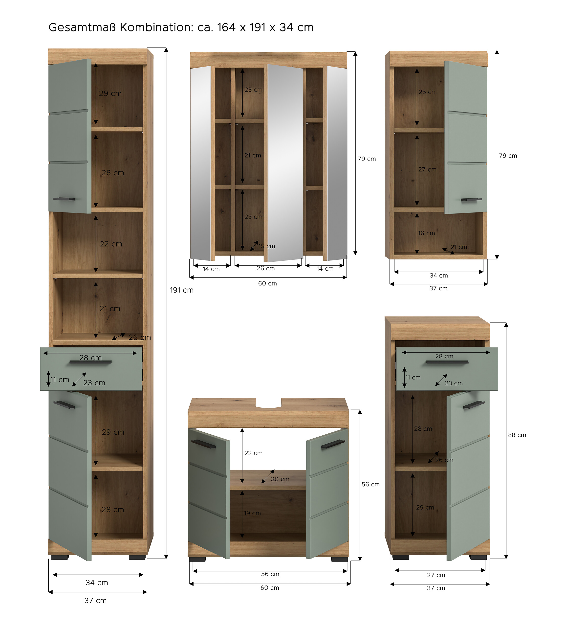Badezimmer-Set Scout Eiche Artisan Nachbildung salbei Nachbildung B/H/T: ca. 164x191x34 cm