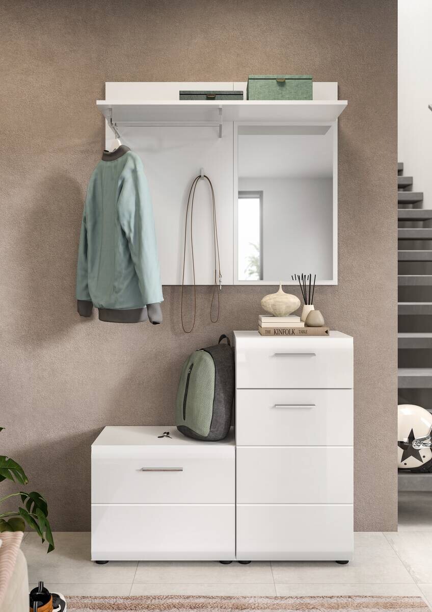 Garderobe Ice weiß weiß Hochglanz Spiegel B/H/T: ca. 98x191x35 cm