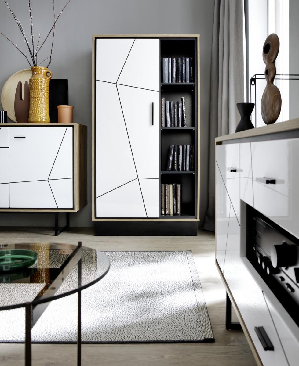 Standvitrine Brolo Eiche Cartania Nachbildung weiß Hochglanz schwarz B/H/T: ca. 85,4x160,4x37 cm